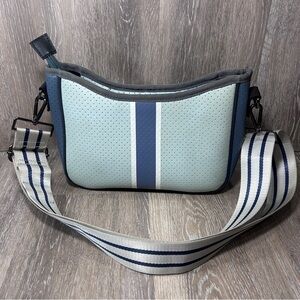 Haute Shore Perforated Neoprene Crossbody Bag – Sporty Blue Stripe, Adjustable